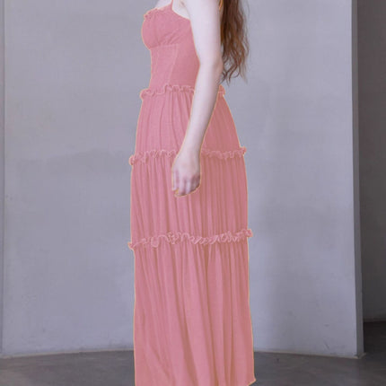 Pink French Design Niche Waist-Cinching Suspender Drapey Long Skirt with Open Back for Spring and Summer