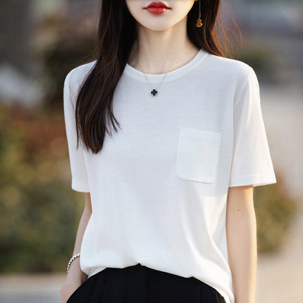 24 New Summer ShorT-sleeved T-shirT Women's Round Neck Pullover Simple Half-sleeved T-shirT Fine ImiTaTion Wool KniTTed Top Loose