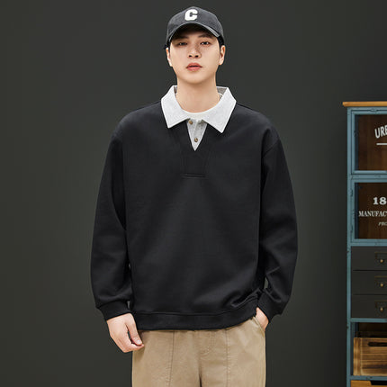 2025 Fake Two-Piece Sweatshirt Men's Trendy Autumn and Winter Loose Pullover Long-Sleeved Tops Men's T-Shirt Bottoming Shirt