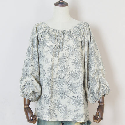 Off-shoulder French floral top women's washed cotton loose sweet off-shoulder holiday Women's cropped lantern sleeve shirt