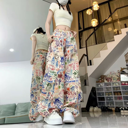 American Graffiti Print Casual Pants Autumn New Design High-Waisted Fashion Workwear Drape Floor-Length Pants for Women