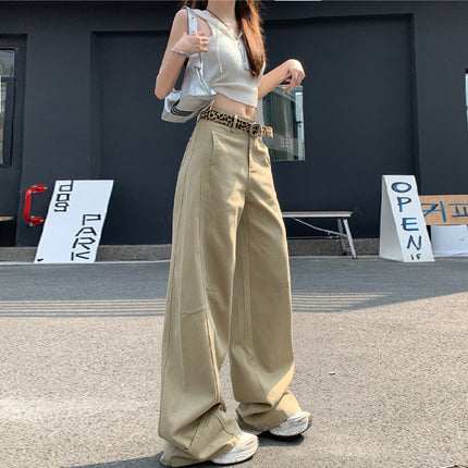 American Style Retro Jeans Women's Design Stitching khaki Loose Lazy Wide Leg Straight Pants