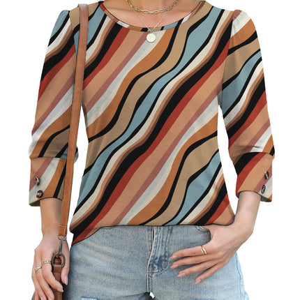 50 Colors Cross-Border European and American Amazon Spring and Summer New Printed T-Shirts with Cuff Buttons, Casual Versatile Vacation Women's Clothing
