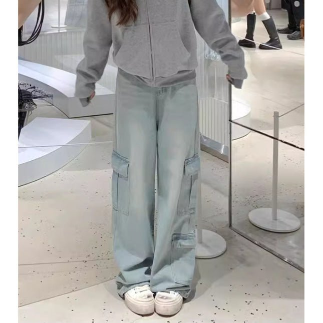 American Style High Street Wide Leg Tooling Jeans Women's Spring and Autumn Dipped Loose Multi-Pocket Design Tall Mop Pants