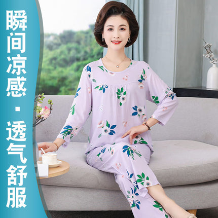 Women's Pajamas 2026 New Spring and Summer Cotton Silk Pullover Long-Sleeve Cool Thin Round-Neck for Middle-Aged and Elderly Mothers