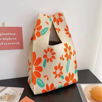 Knitted Handbag Women's Spring New Cartoon Woven Hand Bag Work Sundry Bag Gift Bag Lunch Bag