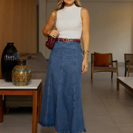 Guangzhou Xintang Tiktok Pop In-Stock Dropshipping Plus-Size Denim Skirt for Women, Low-Stretch High-Waisted Long Skirt