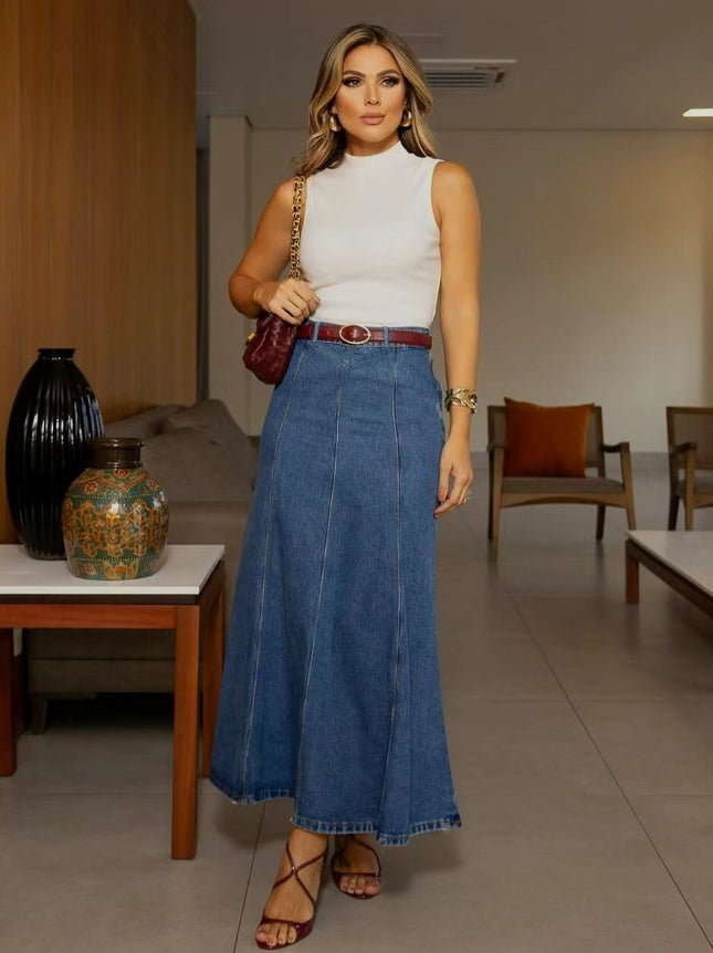 Guangzhou Xintang Tiktok Pop In-Stock Dropshipping Plus-Size Denim Skirt for Women, Low-Stretch High-Waisted Long Skirt