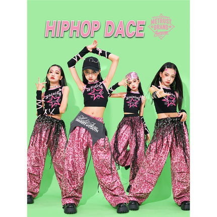 Girls' Jazz Dance Performance Outfits Children's Street Dance Clothing Dopamine Pink Leopard Print Pants Girls' Trendy Outfits