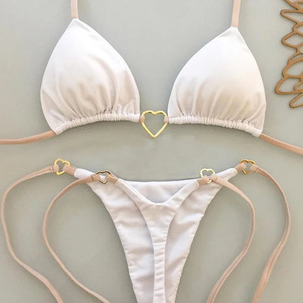 2025 New European and American Metal Decorative Halterneck Push-Up Bikini Brazilian Sexy Pure Color Split Swimsuit Bikini