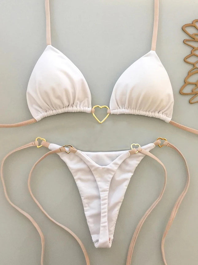 2025 New European and American Metal Decorative Halterneck Push-Up Bikini Brazilian Sexy Pure Color Split Swimsuit Bikini