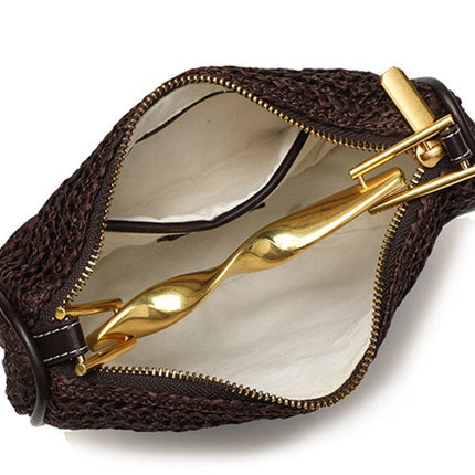 ZA home cross-border metal golden handle mini bag women's 2025 new straw woven bag shoulder slung zipper woven bag