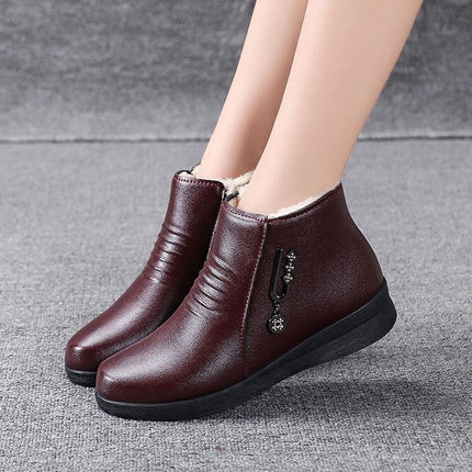 Mom's Shoes, Cotton Shoes for Women, Autumn and Winter Soft-Soled Short Boots for Middle-Aged Women, Middle-Aged and Elderly Women's Shoes, Fleece-Lined Warm Flat Leather Shoes