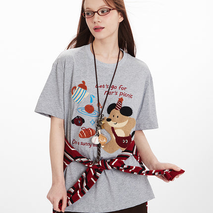 HeyHenry Men's Summer Bear Towel Embroidered Jacquard Loose Couple T-Shirt Round Neck All-match Short-sleeved Women's Ins