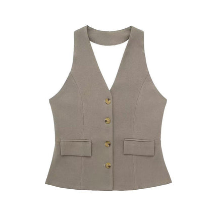 European and American Style Backless Collar Vest 8364532 Pleated Wide Leg Pants 8365532 Set White Top