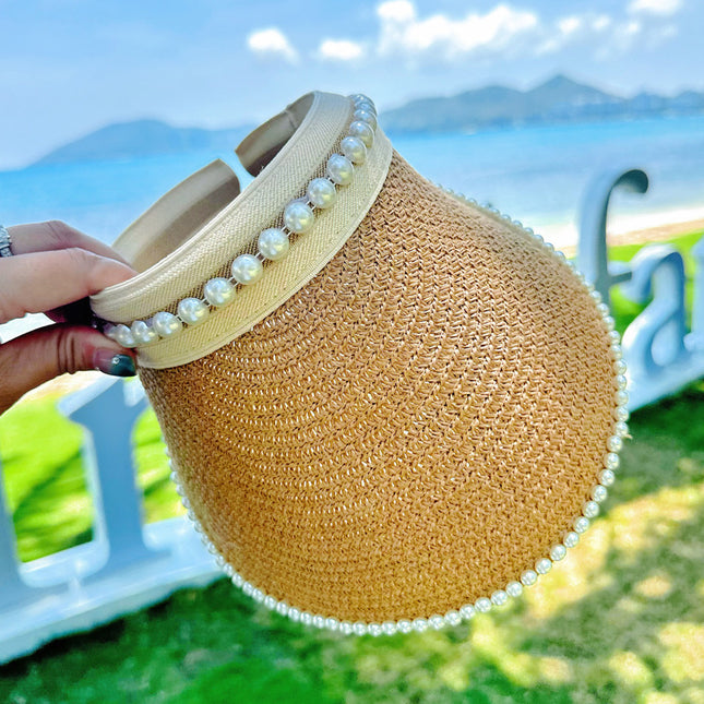 Straw Pearl Sun Hat Headband Empty Top Straw Hat Women's Summer Hairpin Topless Face Covering Sun Protection Sun Hat Outdoor