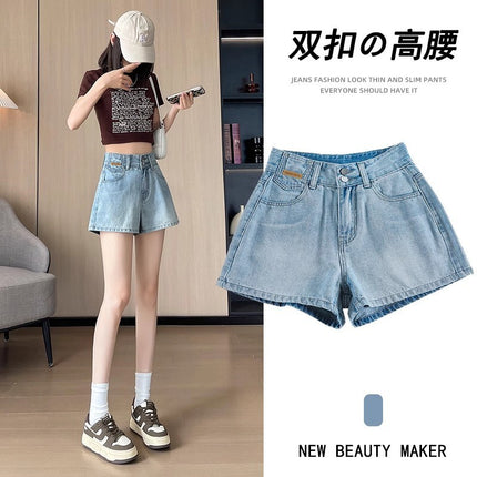 Contrast Color Embroidered Denim Shorts for Women, Trendy Versatile Loose Wide-Leg Slimming A-Line Double-Button High-Waisted Slim Hot Pants