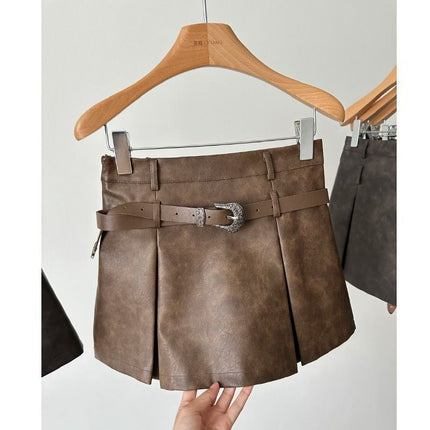american Retro Hot Girl a-line Skirt Women's autumn New High Waist pu Leather Skirt Hip Skirt Rubbed Color Distressed Short Skirt