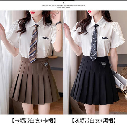 JK British Academy Style Set 2023 Fresh Age-reducing Little Man Wood-ear Tie Shirt Pleated Skirt Two-piece Set