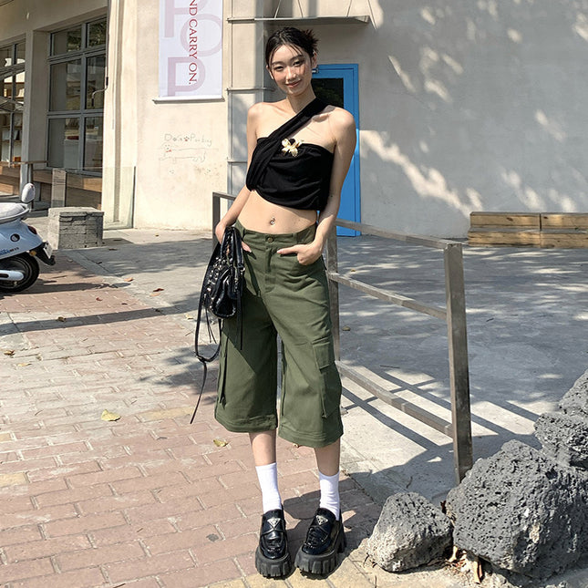 American Fashion Trendy Summer New Style Removable Two-Wear Army Green Casual Wide-Leg Multi-Pocket Crane Pants for Women