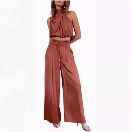 Women's 2-Piece Suit 2023 Summer Fashion Casual Sleeveless Boat Neck Crop Top Wide-Leg Pants
