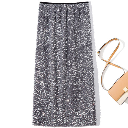 B1677 2025 Autumn New Fashion Sequin Stretch Bodycon Skirt, Figure-Flattering Back Slit Pencil Skirt