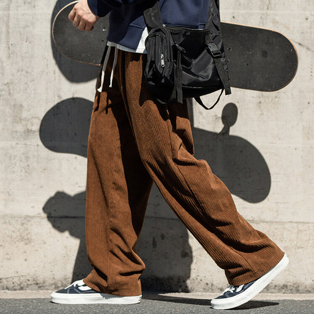 Vintage Corduroy Casual Pants Men's Ins Trendy Brand Teenager Drawstring Loose Wide-leg Pants Straight-leg Smart Pants