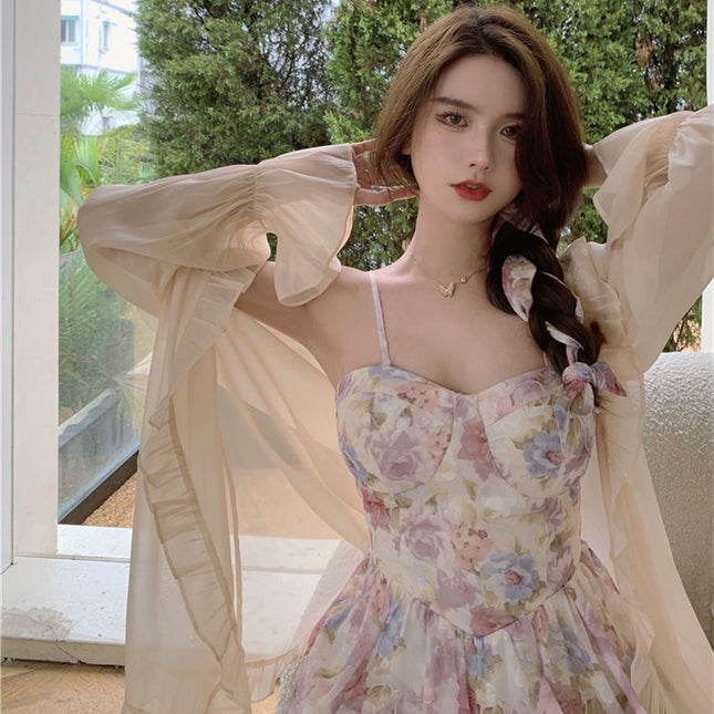 Plus size women's clothing fresh super fairy floral strap dress spring and summer waist-tight short skirt sun protection clothing two-piece suit