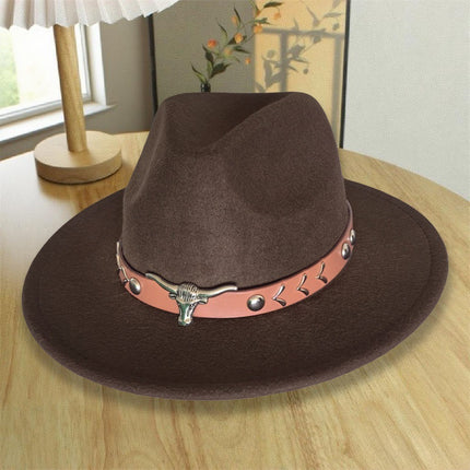 European and American Autumn and Winter Woolen Denim Jazz Felt Hat with Cow Head Label, Large Brim Fedora, Xizang Ethnic Style Outdoor Bucket Hat