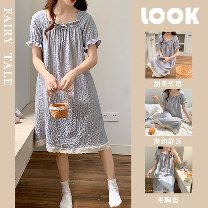 2024 Summer New Style Pajamas with Chest Pad Women's Bubble Cotton Short-Sleeved Nightgown Home Wear Sweet and Cute Outer Wear
