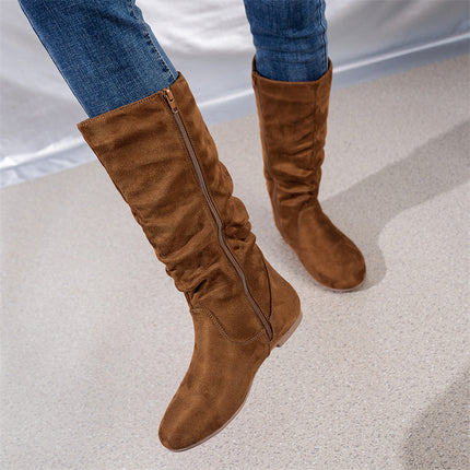 Free Shipping Cross-Border Pleated Fashion Boots with Inner Zipper, Flat Comfortable Women's Boots, Versatile European and American Style Flat Mid-Calf Boots