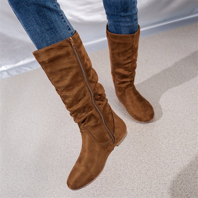 Free Shipping Cross-Border Pleated Fashion Boots with Inner Zipper, Flat Comfortable Women's Boots, Versatile European and American Style Flat Mid-Calf Boots
