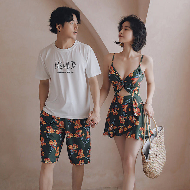 2025 Retro Green Couple Swimsuit New One-Piece Conservative Belly-Covering Slimming Look Seaside Vacation Beach Hot Spring Swimsuit for Women