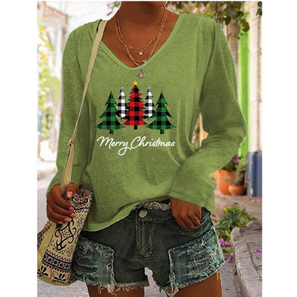 2023 European and American Amazon independent station wish autumn and winter new hot selling women's printed V-neck long sleeve loose T-shirt for women