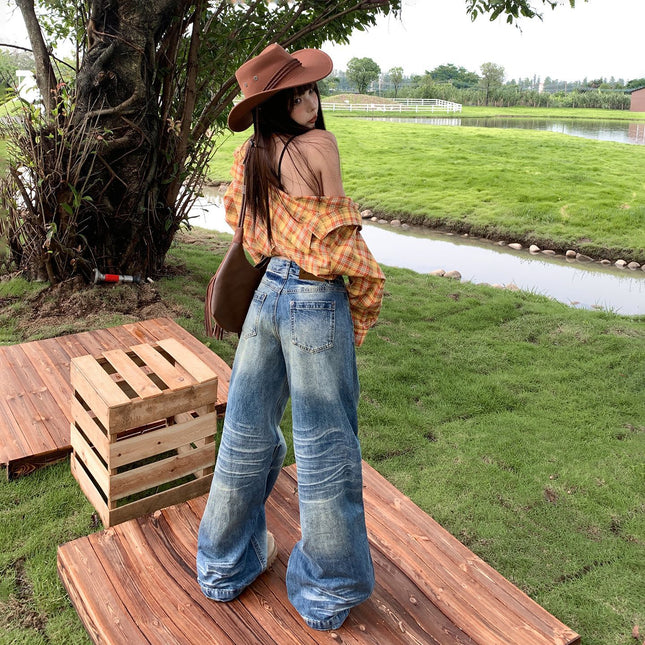Vintage Washed Gradient Wide-Leg Jeans for Women 2025 Autumn New High-Waisted Loose Slimming Straight-Leg Floor-Length Pants