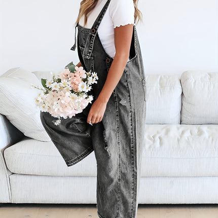 [Light Washed Blue Denim Overalls] Ripped Distressed Style