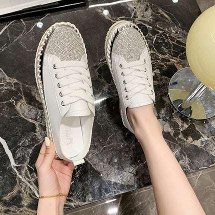 Internet Celebrity Rhinestone Fashion Large Size Single-layer Shoes Women's 2024 New Korean Style Lace-up Niche Design Casual Comfortable Sneakers