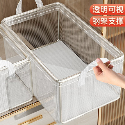 New Installation-Free Steel Frame Transparent Storage Basket Without Lid Folding Clothing and Pants Storage Basket Socks and Sundries Storage Box