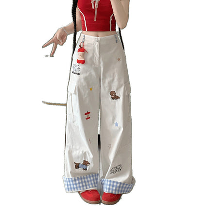 Real Shot Cartoon Embroidered Apple Dachshund Jeans for Women, New Versatile Design Wide-Leg Straight Floor-Length Pants