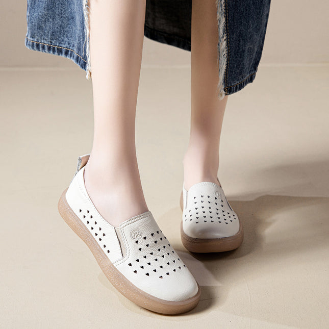 Genuine Leather Loafers for Women 2026 Spring/Summer Hollow Breathable White Shoes Women's Top-Layer Cowhide Shallow Mouth Single Shoes Mom Shoes
