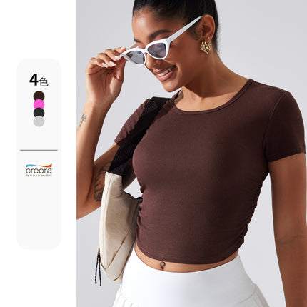 Pleated Waist Slimming T-shirt Women's Rib Stretch Naked Sports Top Summer Fitness Yoga Running Slim-fit Short-sleeve