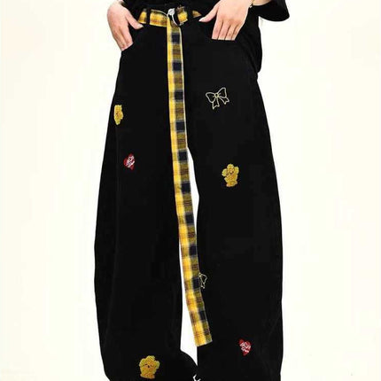 Plaid Belt Cartoon Embroidery Design Jeans for Women 2025 Summer New Loose Wide-Leg Floor-Length Pants