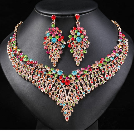 Alloy Clavicle Chain Court Temperament European and American Retro Exaggerated Temperament Crystal Gem Short Necklace Earrings Set Dinner Party