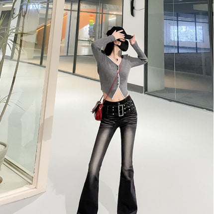 Vintage Gradient Flared Jeans for Women, Autumn Design, American Style, High-Waisted, Stretchy, Slim-Fit, Floor-Length Pants