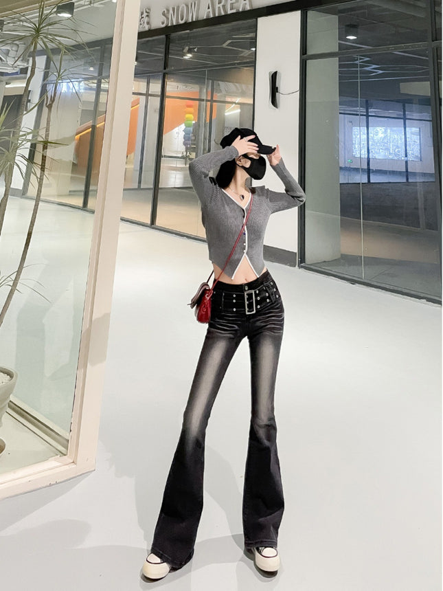 Vintage Gradient Flared Jeans for Women, Autumn Design, American Style, High-Waisted, Stretchy, Slim-Fit, Floor-Length Pants