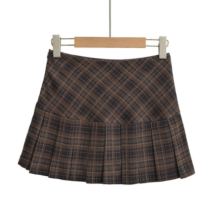 American Preppy Style Retro Plaid Brushed Pleated Skirt Slimming Look High Waist Short Skirt Female Sexy A-Line Skirt Autum