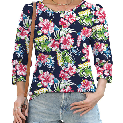 50 Colors Cross-Border European and American Amazon Spring and Summer New Printed T-Shirts with Cuff Buttons, Casual Versatile Vacation Women's Clothing