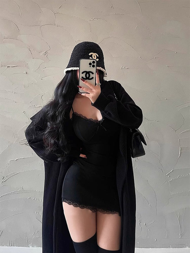 Yonggirlday Pure Lust Style Sexy Tight Slimming Look Waist Bottoming Lace Suspender Dress Hip-Covering Short Skirt