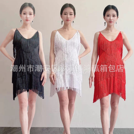 European and American Deep V Tassel Skirt Dress Latin Dance Skirt Dance Costume Stage Ball Performance Costume Performance Costume Dance Skirt