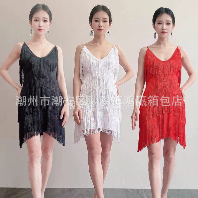 European and American Deep V Tassel Skirt Dress Latin Dance Skirt Dance Costume Stage Ball Performance Costume Performance Costume Dance Skirt
